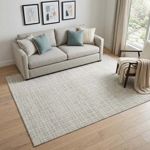 5' X 8' Ivory And Beige Geometric Washable Area Rug With UV Protection