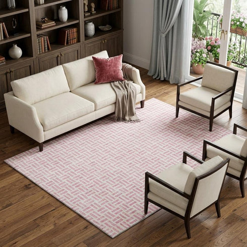 8' X 10' Pink And Ivory Geometric Washable Area Rug With UV Protection