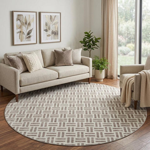 8' Taupe And Ivory Geometric Washable Round Rug With UV Protection