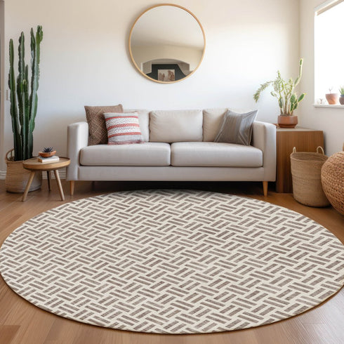 8' Taupe And Ivory Geometric Washable Round Rug With UV Protection