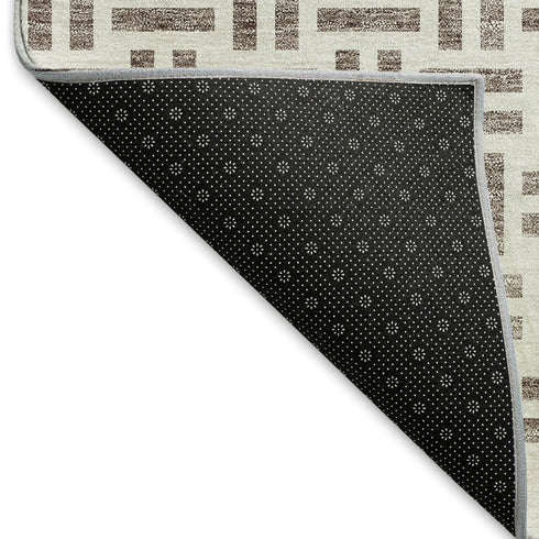 8' Taupe And Ivory Geometric Washable Round Rug With UV Protection