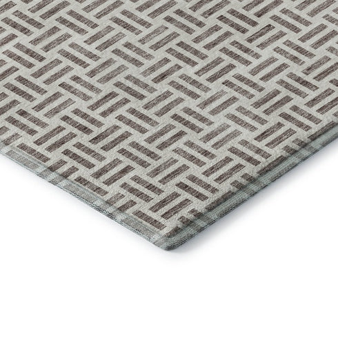 8' Taupe And Ivory Geometric Washable Round Rug With UV Protection