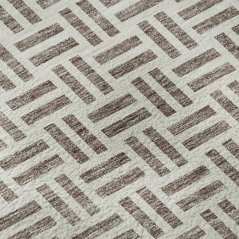 8' Taupe And Ivory Geometric Washable Round Rug With UV Protection