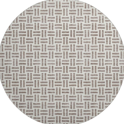 8' Taupe And Ivory Geometric Washable Round Rug With UV Protection