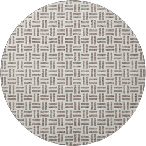 8' Taupe And Ivory Geometric Washable Round Rug With UV Protection