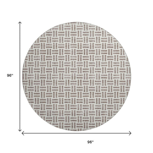 8' Taupe And Ivory Geometric Washable Round Rug With UV Protection