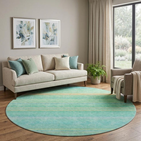 8' Aqua Yellow And Peach Striped Washable Round Rug With UV Protection