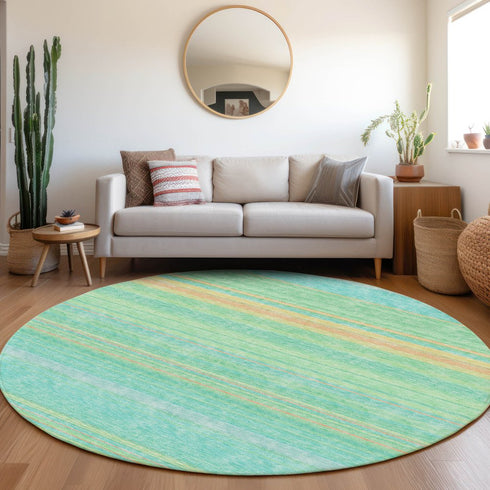 8' Aqua Yellow And Peach Striped Washable Round Rug With UV Protection