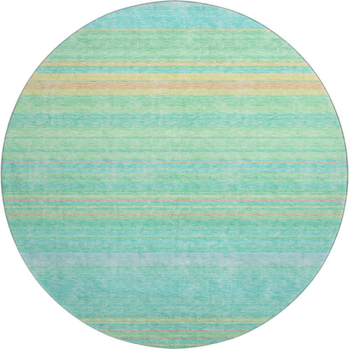 8' Aqua Yellow And Peach Striped Washable Round Rug With UV Protection