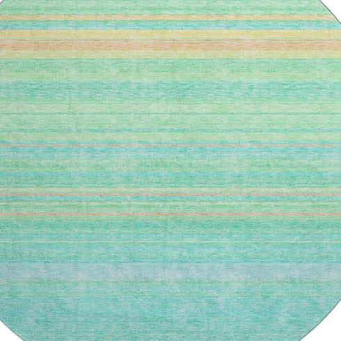 8' Aqua Yellow And Peach Striped Washable Round Rug With UV Protection