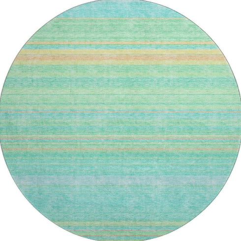 8' Aqua Yellow And Peach Striped Washable Round Rug With UV Protection