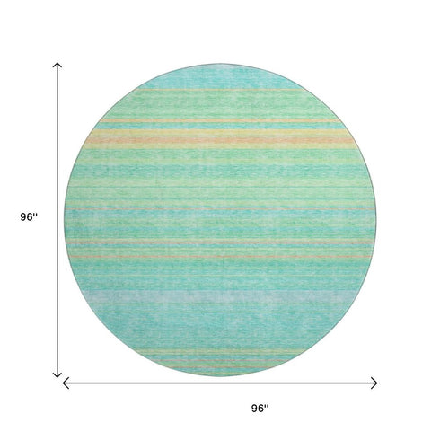 8' Aqua Yellow And Peach Striped Washable Round Rug With UV Protection