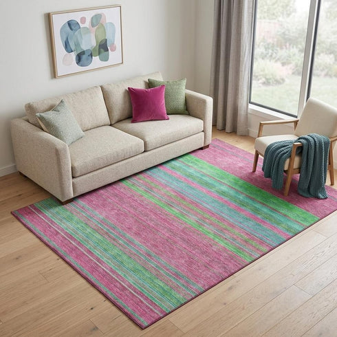 5' X 8' Blush Green And Blue Striped Washable Area Rug With UV Protection
