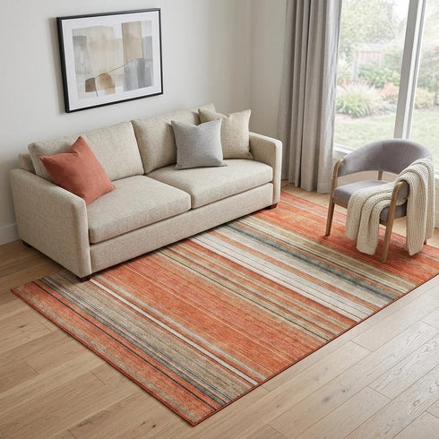 5' X 8' Coral Gray And Beige Striped Washable Area Rug With UV Protection