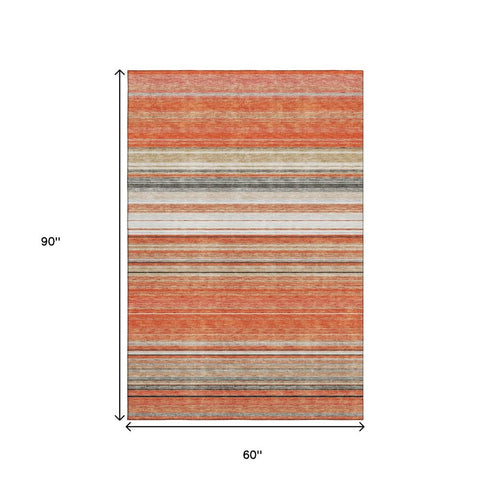 5' X 8' Coral Gray And Beige Striped Washable Area Rug With UV Protection