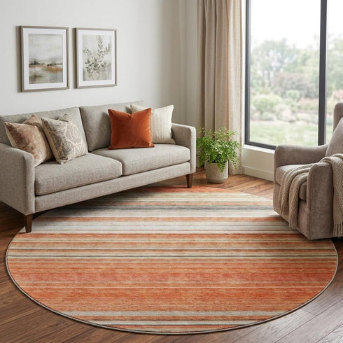 8' Coral Gray And Beige Striped Washable Round Rug With UV Protection