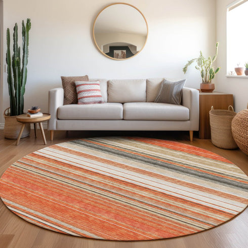 8' Coral Gray And Beige Striped Washable Round Rug With UV Protection