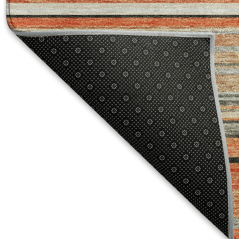 8' Coral Gray And Beige Striped Washable Round Rug With UV Protection