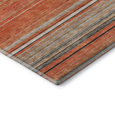 8' Coral Gray And Beige Striped Washable Round Rug With UV Protection