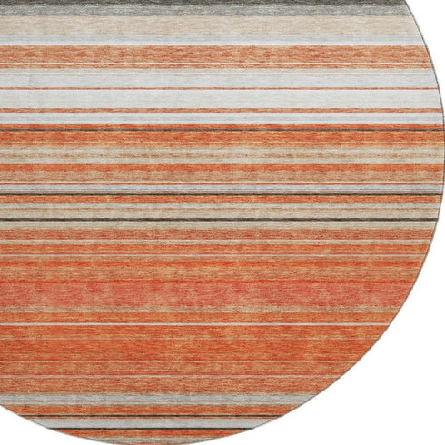 8' Coral Gray And Beige Striped Washable Round Rug With UV Protection