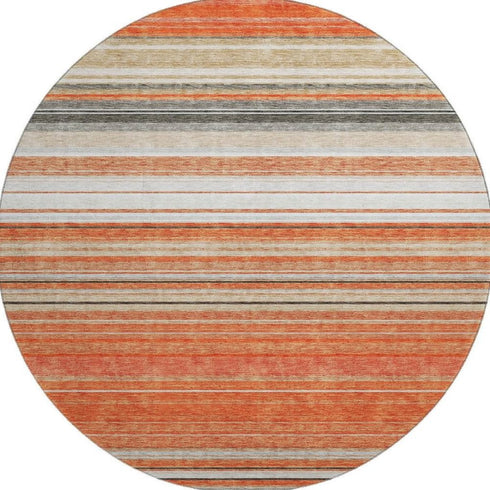 8' Coral Gray And Beige Striped Washable Round Rug With UV Protection