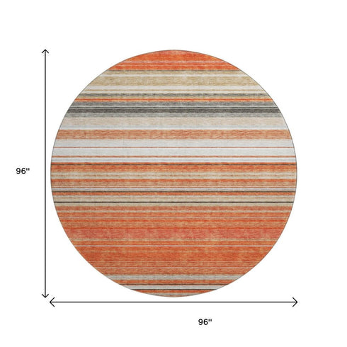 8' Coral Gray And Beige Striped Washable Round Rug With UV Protection