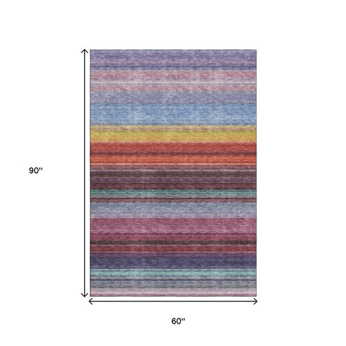 5' X 8' Lavender Red And Orange Striped Washable Area Rug With UV Protection