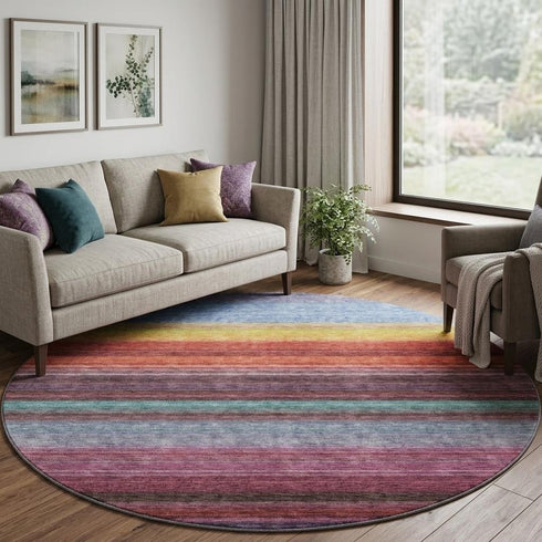 8' Lavender Red And Orange Striped Washable Round Rug With UV Protection