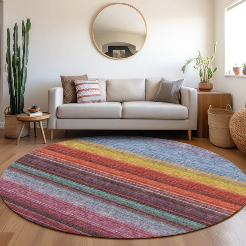 8' Lavender Red And Orange Striped Washable Round Rug With UV Protection