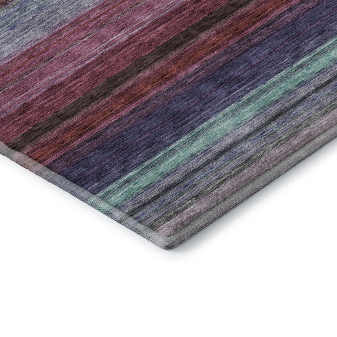 8' Lavender Red And Orange Striped Washable Round Rug With UV Protection