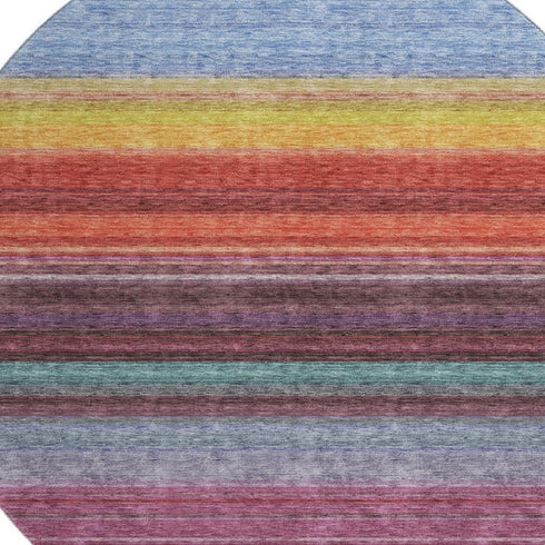 8' Lavender Red And Orange Striped Washable Round Rug With UV Protection