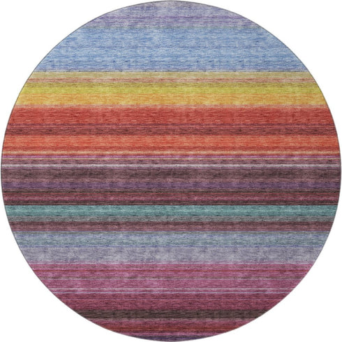 8' Lavender Red And Orange Striped Washable Round Rug With UV Protection