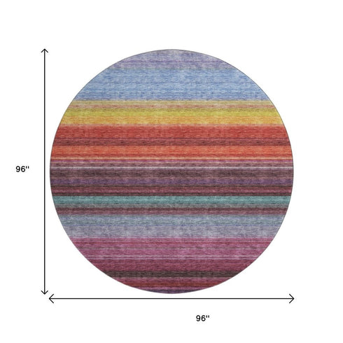 8' Lavender Red And Orange Striped Washable Round Rug With UV Protection
