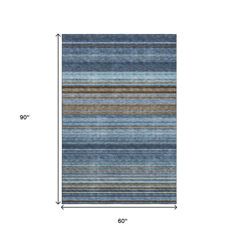 5' X 8' Navy Blue Brown And Taupe Striped Washable Area Rug With UV Protection