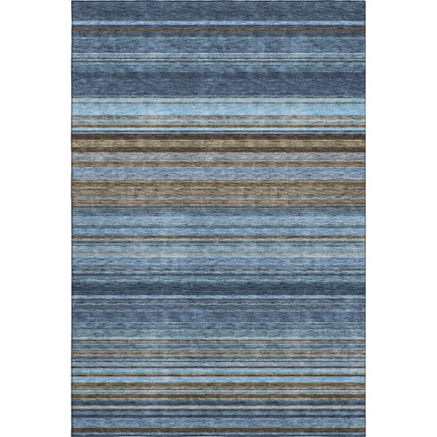 5' X 8' Navy Blue Brown And Taupe Striped Washable Area Rug With UV Protection
