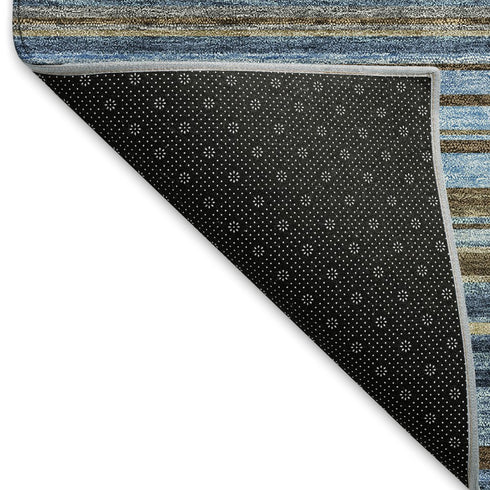 5' X 8' Navy Blue Brown And Taupe Striped Washable Area Rug With UV Protection