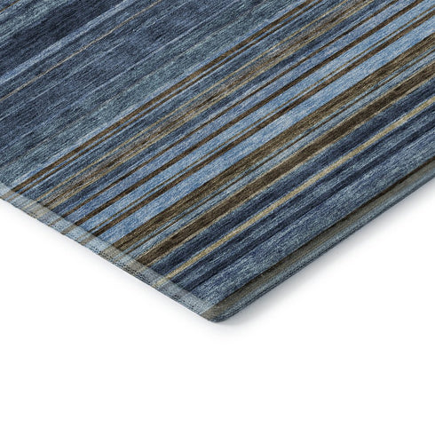 5' X 8' Navy Blue Brown And Taupe Striped Washable Area Rug With UV Protection
