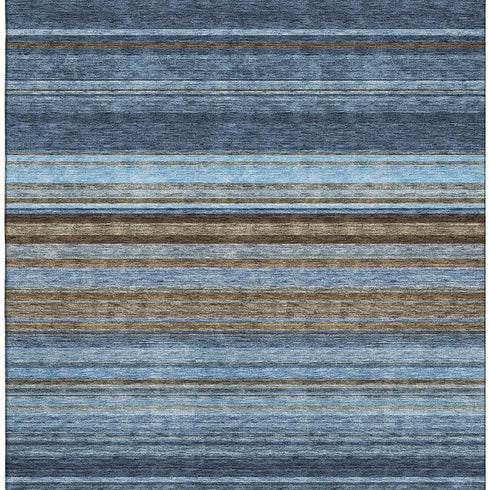 5' X 8' Navy Blue Brown And Taupe Striped Washable Area Rug With UV Protection