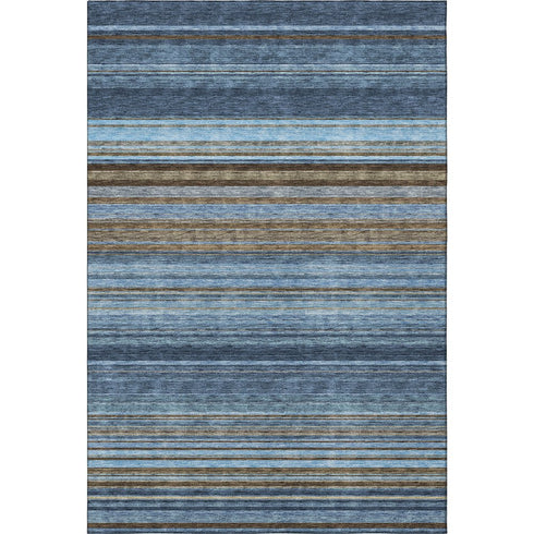 5' X 8' Navy Blue Brown And Taupe Striped Washable Area Rug With UV Protection