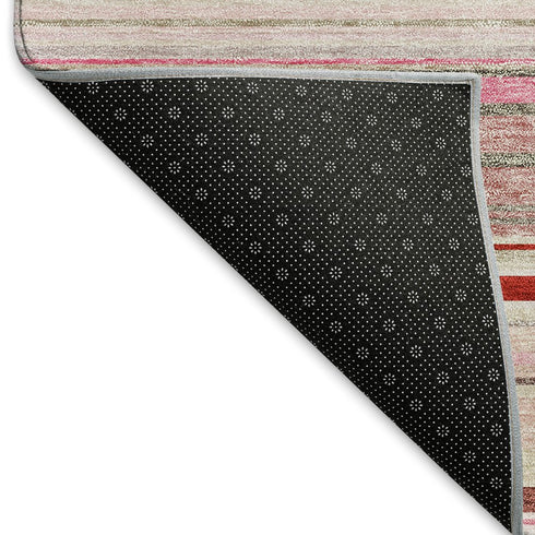 8' Pink Burgundy And Ivory Striped Washable Round Rug With UV Protection