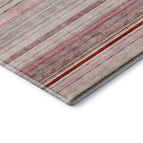 8' Pink Burgundy And Ivory Striped Washable Round Rug With UV Protection