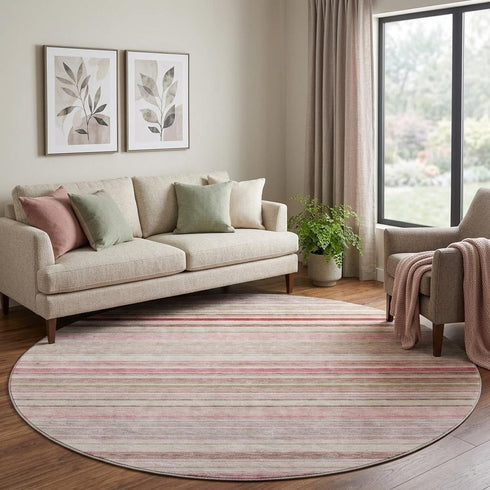 8' Pink Burgundy And Ivory Striped Washable Round Rug With UV Protection