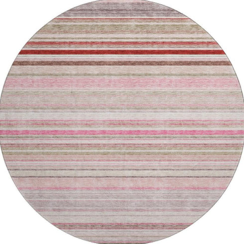 8' Pink Burgundy And Ivory Striped Washable Round Rug With UV Protection
