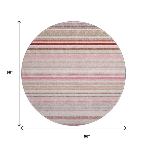 8' Pink Burgundy And Ivory Striped Washable Round Rug With UV Protection