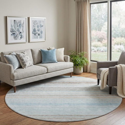 8' Sky Blue Gray And Ivory Striped Washable Round Rug With UV Protection
