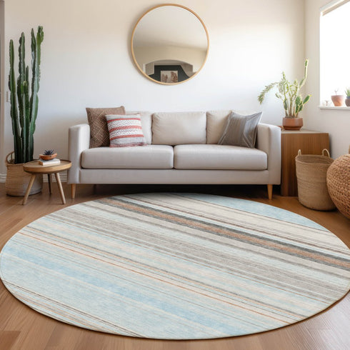 8' Sky Blue Gray And Ivory Striped Washable Round Rug With UV Protection