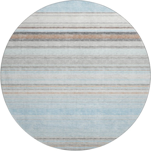 8' Sky Blue Gray And Ivory Striped Washable Round Rug With UV Protection
