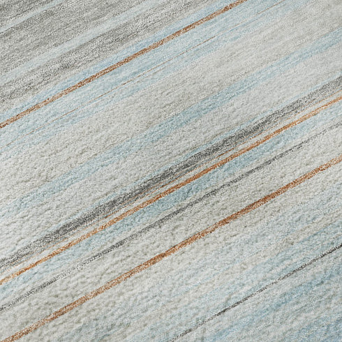 8' Sky Blue Gray And Ivory Striped Washable Round Rug With UV Protection