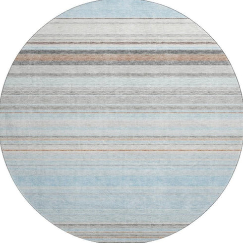 8' Sky Blue Gray And Ivory Striped Washable Round Rug With UV Protection