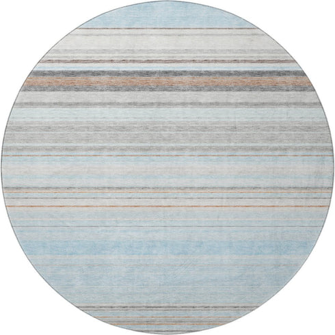 8' Sky Blue Gray And Ivory Striped Washable Round Rug With UV Protection